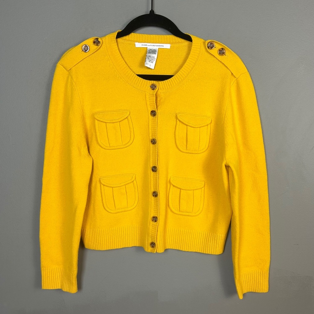 Diane von Furstenberg Yellow Wool Cashmere Military Cardigan Sweater Large